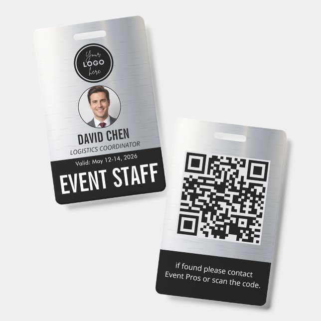 Event Staff ID Badge - Metallic Silver Black (Front & Back)