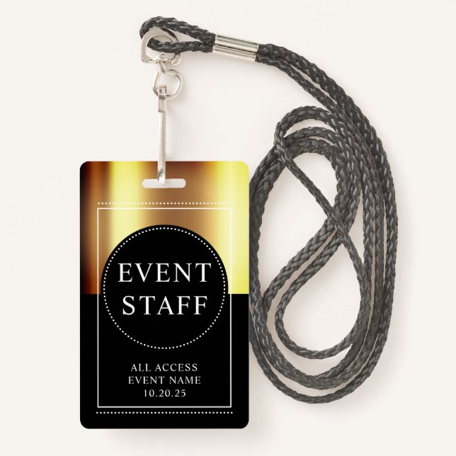 Event Staff Metallic Gold Black Badge ID Badge (Front with Lanyard)