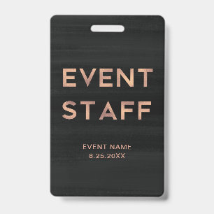 Event Staff Modern Faux Rose Gold on Black ID Badge