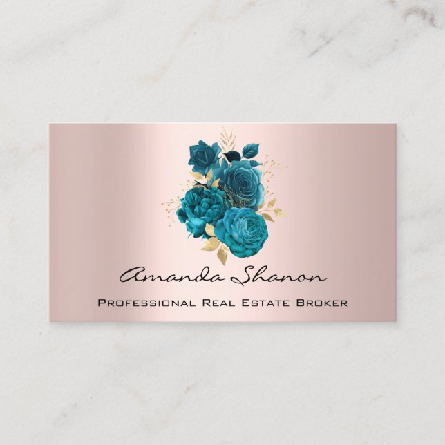 Event Wedding PlannerTeal Gold Roses Logo QR CODE  Business Card (Front)