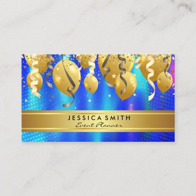 Events Party Balloons | Confetti Blue Abstract Business Card (Front)