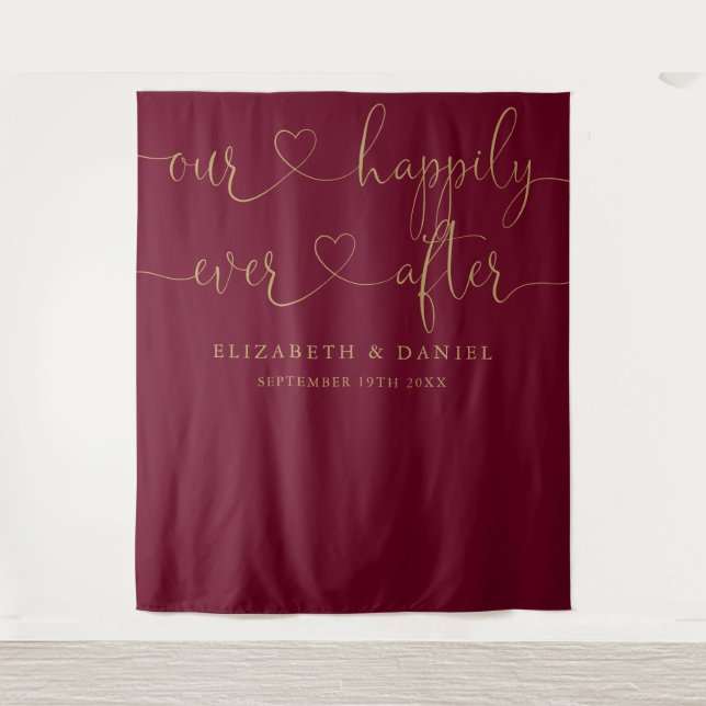 Ever After Burgundy And Gold Script Wedding Tapestry (Front)