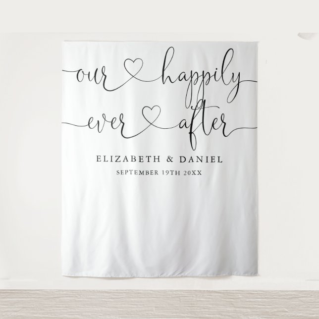 Ever After Heart Script Wedding Photo Backdrop Tapestry (Front)