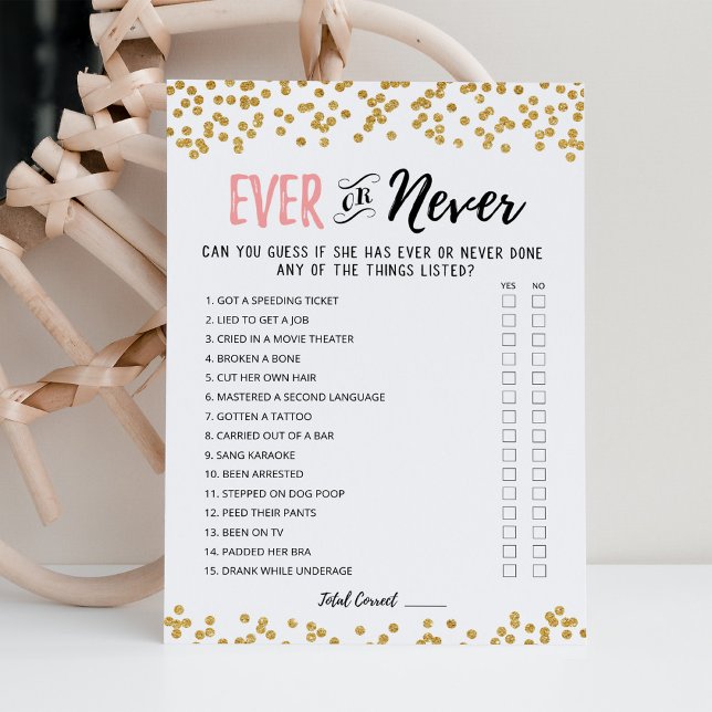 Ever or Never Editable Bridal Shower game Card (Creator Uploaded)