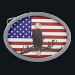 Ever Vigilant Bald Eagle Oval Belt Buckle<br><div class="desc">A Bald Eagle scans the sky from his perch on a tree branch; superimposed on a flag of the United States.</div>