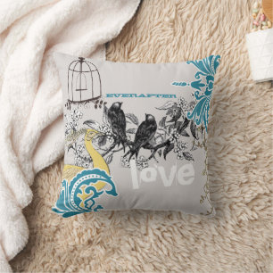 Everafter Bride Teal Yellow Grey Peacock Birdcage Cushion