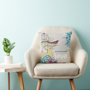 Everafter Bride Teal Yellow Grey Peacock Birdcage Cushion