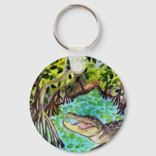 Everglades Watercolor Crocodile Alligator Florida Key Ring