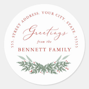 Evergreen and Berries, return address Classic Round Sticker