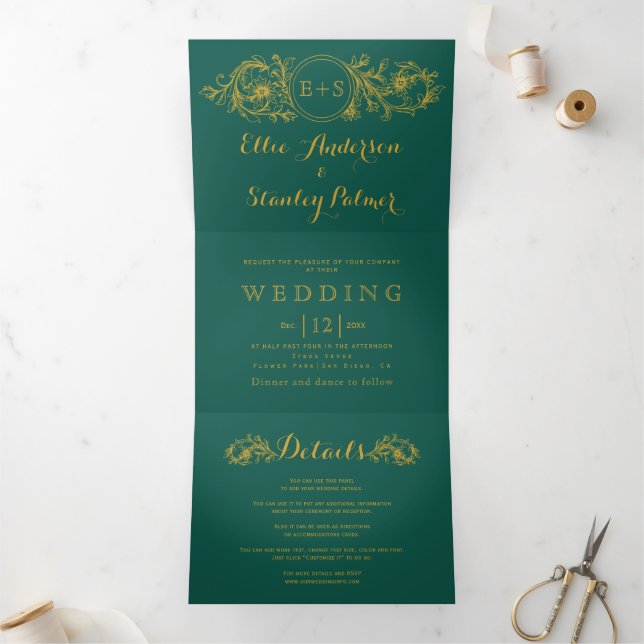 Evergreen and gold frame, initials winter wedding Tri-Fold invitation (Inside)