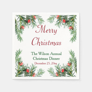 Evergreen and Red Berries Christmas Napkins