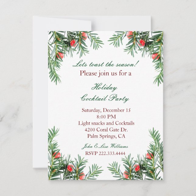 Evergreen and Red Berries Holiday Invitation (Front)