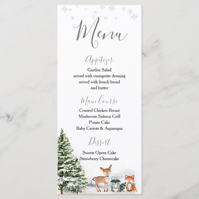 Evergreen Animal Winter Onederland Birthday Menu (Front)