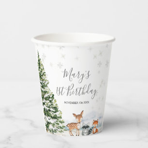 Evergreen Animal Winter Onederland Birthday Paper Cups