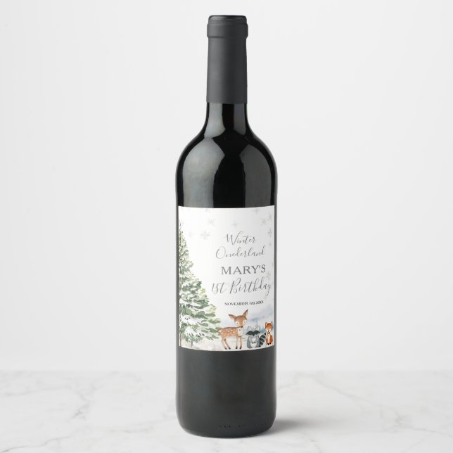 Evergreen Animal Winter Onederland Birthday Wine Label (Front)