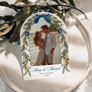 Evergreen Arch Blue Gold Newlywed Photo Holiday Card