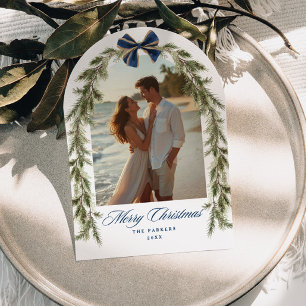 Evergreen Arch Coastal Married Merry Photo Holiday Card