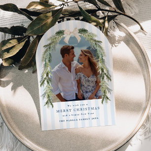 Evergreen Arch Coastal Stripes Newlywed Photo Holiday Card