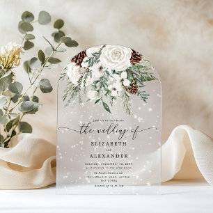 Evergreen arch elegant snow winter wedding acrylic invitations