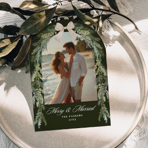 Evergreen Arch Olive Green Married Merry Photo Holiday Card