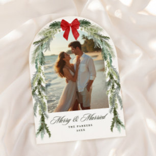 Evergreen Arch Red Bow Married Merry Photo Holiday Card