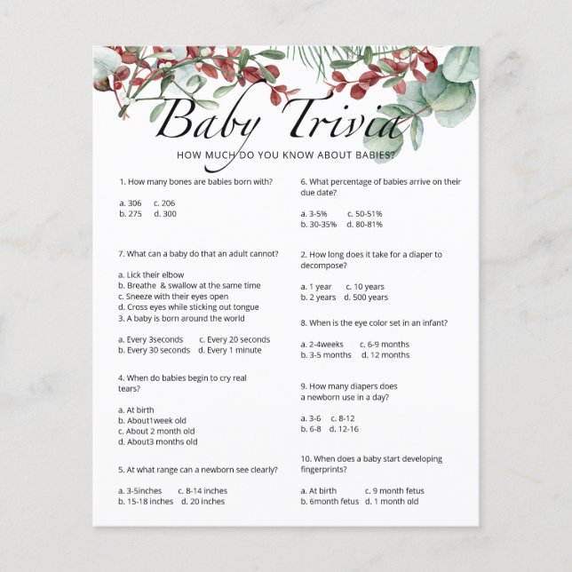 Evergreen Baby Trivia Baby Shower Game (Front)