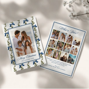 Evergreen Blue Bow Pattern Photo Holiday Card