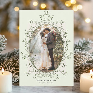 Evergreen Botanical Frame Married & Merry Photo Holiday Card