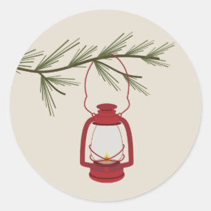 Evergreen Branch Red Lantern Classic Round Sticker