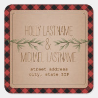 Evergreen Branches Plaid Address Sticker