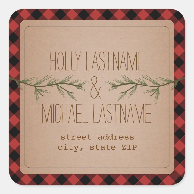 Evergreen Branches Plaid Address Sticker (Front)