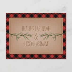 Evergreen Branches Plaid Rustic Save The Date Announcement Postcard