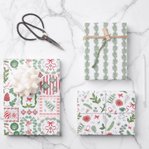 Evergreen Christmas Foliage Berries Spruce and Bow Wrapping Paper Sheet