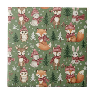 Evergreen Christmas Fox Deer Bunny Owl Pattern Ceramic Tile
