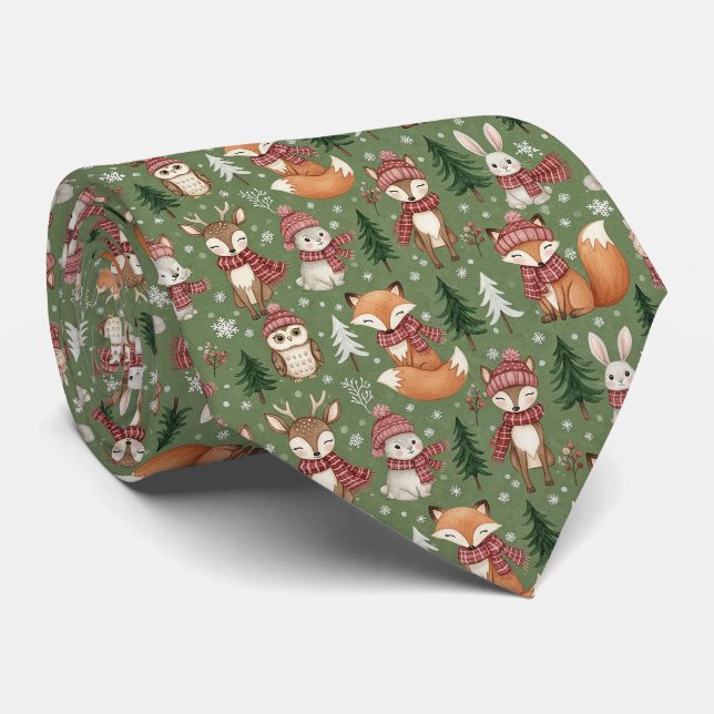 Evergreen Christmas Fox Deer Bunny Owl Pattern Tie (Rolled)