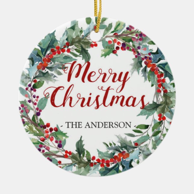 Evergreen Christmas wreath photo ornament (Front)