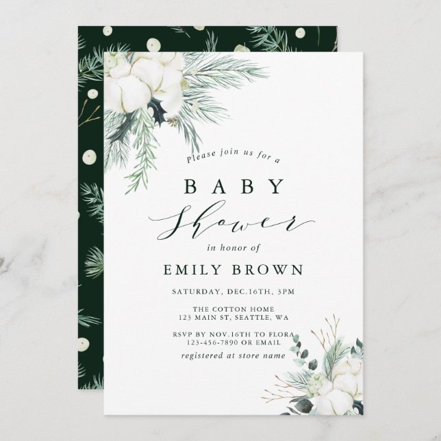 Evergreen & Cotton Flower Bouquet Baby Shower  Invitation (Front/Back)