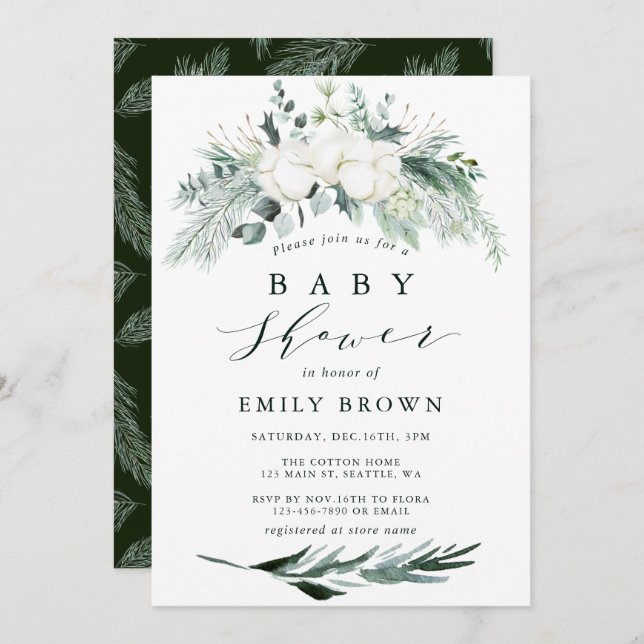 Evergreen & Cotton Flower Bouquet Baby Shower Invitation (Front/Back)