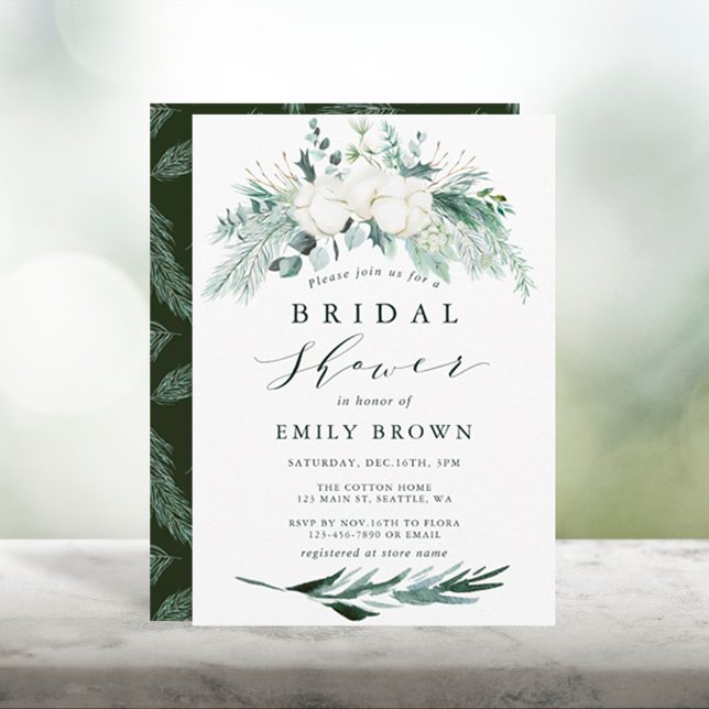 Evergreen & Cotton Flower Bouquet Bridal Shower Invitation (Creator Uploaded)