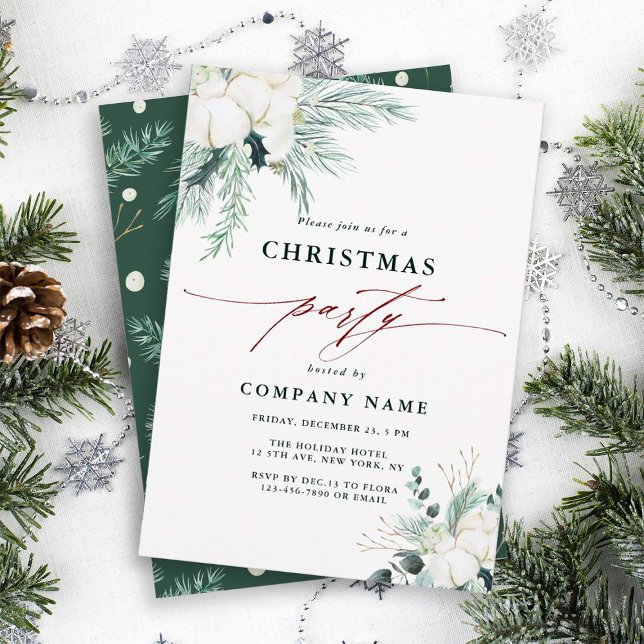 Evergreen & Cotton Flower Bouquet Christmas Party  Invitation (Creator Uploaded)