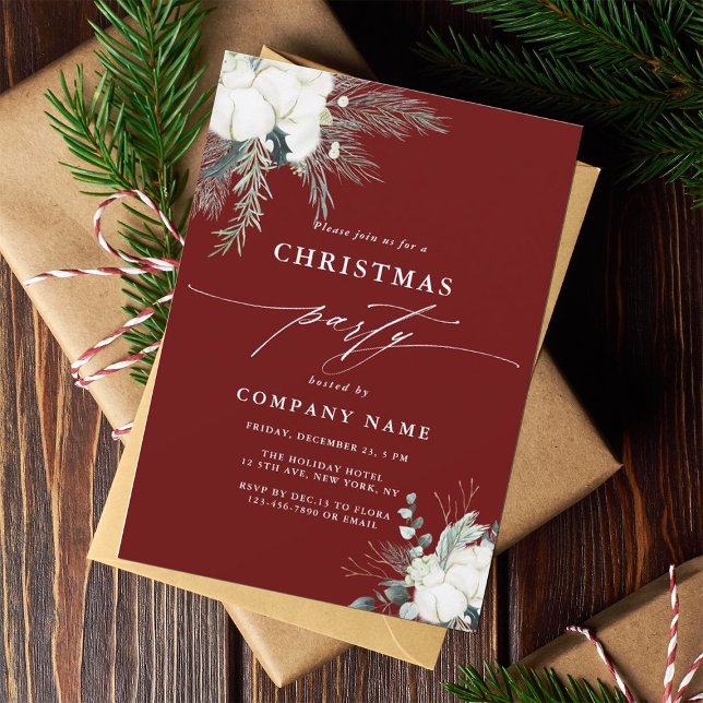 Evergreen & Cotton Flower Bouquet Christmas Party  Invitation (Creator Uploaded)