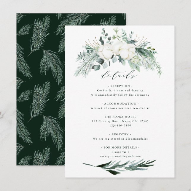 Evergreen & Cotton Flower Bouquet Wedding Details Enclosure Card (Front/Back)