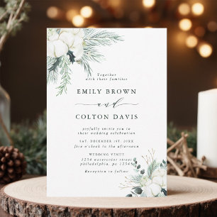 Evergreen & Cotton Flower Bouquet Wedding Invitation