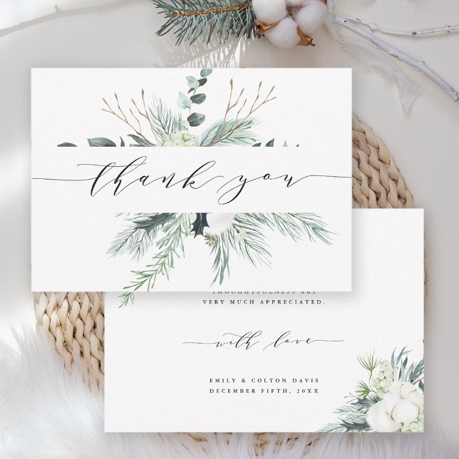 Evergreen & Cotton Flower Bouquet Wedding Thank You Card (Front & Back)