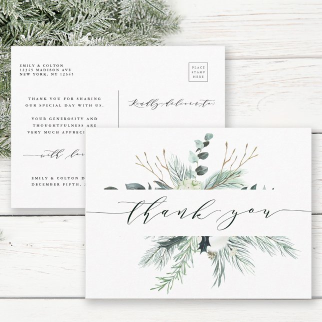 Evergreen Cotton Flower Bouquet Wedding Thank You Postcard (Front & Back)