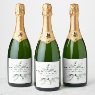 Evergreen & Cotton Flower Happy New Year Sparkling Wine Label