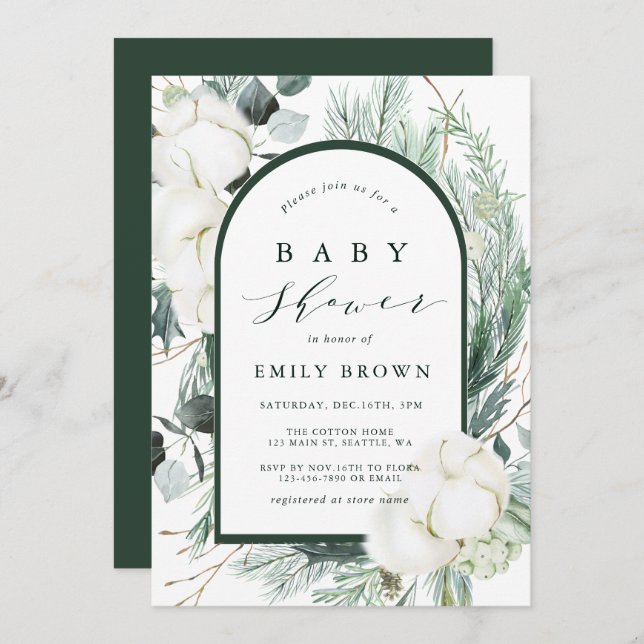 Evergreen & Cotton Flowers Arch Baby Shower Invitation (Front/Back)