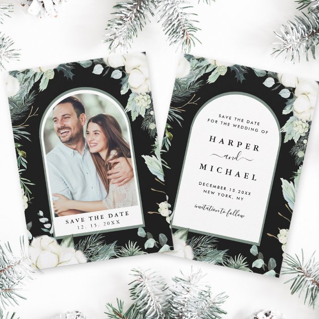 Evergreen & Cotton Flowers Arch Photo Black Save The Date (Creator Uploaded)