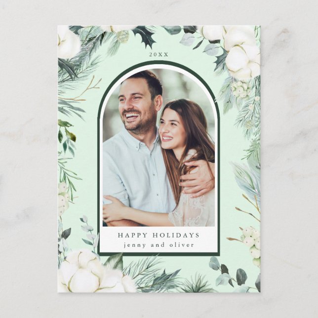 Evergreen & Cotton Flowers Arch Photo Holiday Mint Postcard (Front)