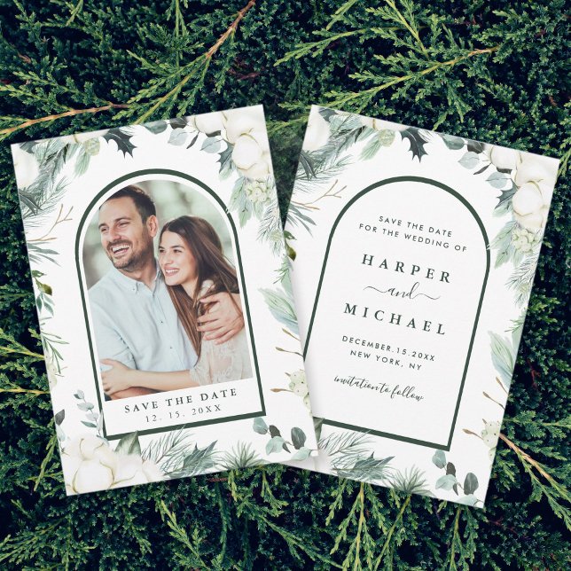 Evergreen & Cotton Flowers Arch Photo Save The Dat Date (Creator Uploaded)